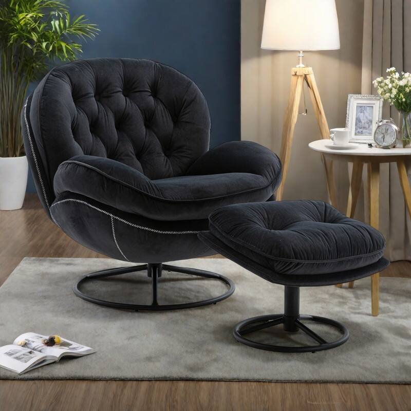Velvet Swivel Accent Chair 360° Rotating Lounge Chair with Ottoman and Metal Legs - Black