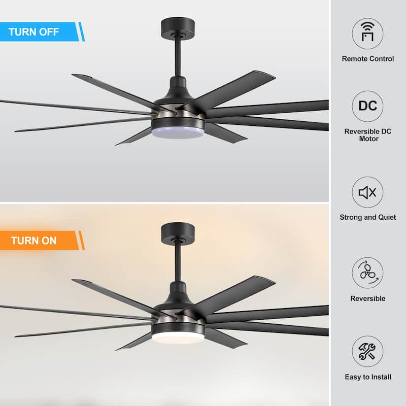 65 Inch Black Large Ceiling Fan with Light Remote(8-Blade)