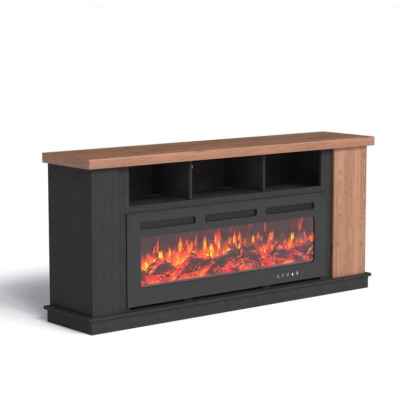 Traditional 70" TV Stand with 50" Electric Fireplace, Light Strips, Sockets, Open Shelves, and Cabinets for TVs up to 80"