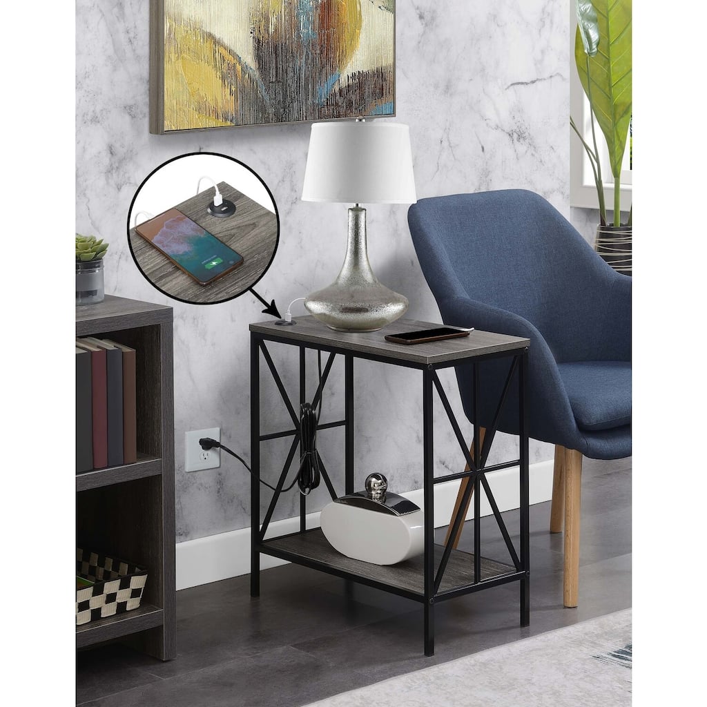 Chairside End Table with Charging Station and Shelf, Two USB Ports, Stylish Crisscross Frame Accent Table for Bedroom Décor - 12