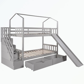 Twin over Twin House Bunk Bed with Two Drawers and Slide - Bed Bath ...