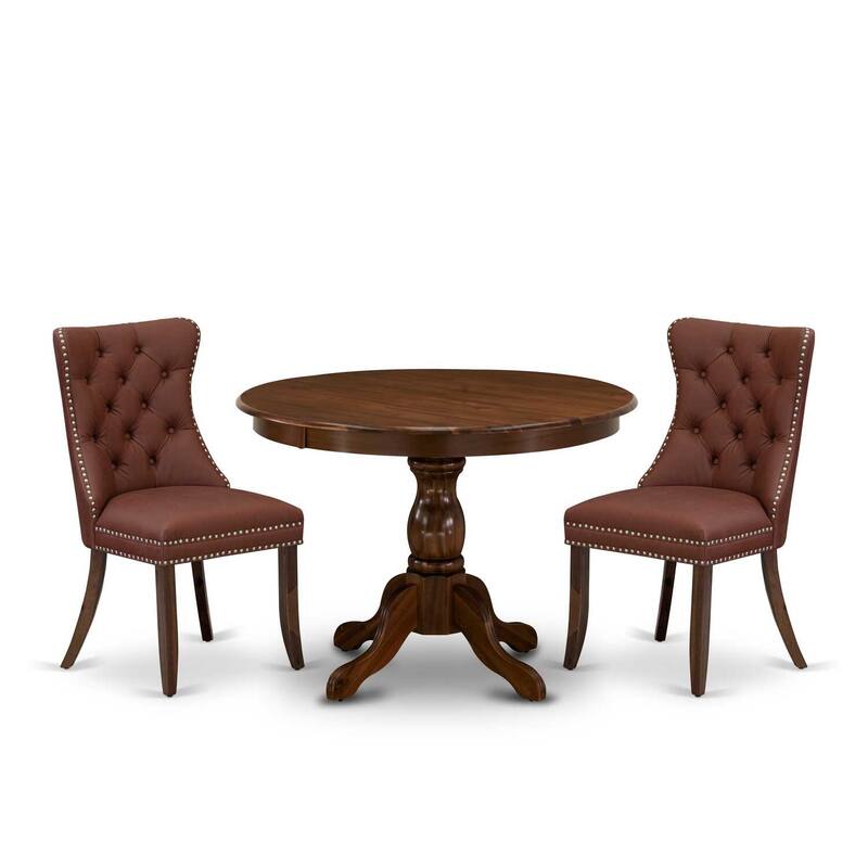 3-Piece Antique Walnut Finish Solid Wood Top-Round Upholstered Dining Room Set-Seats 4