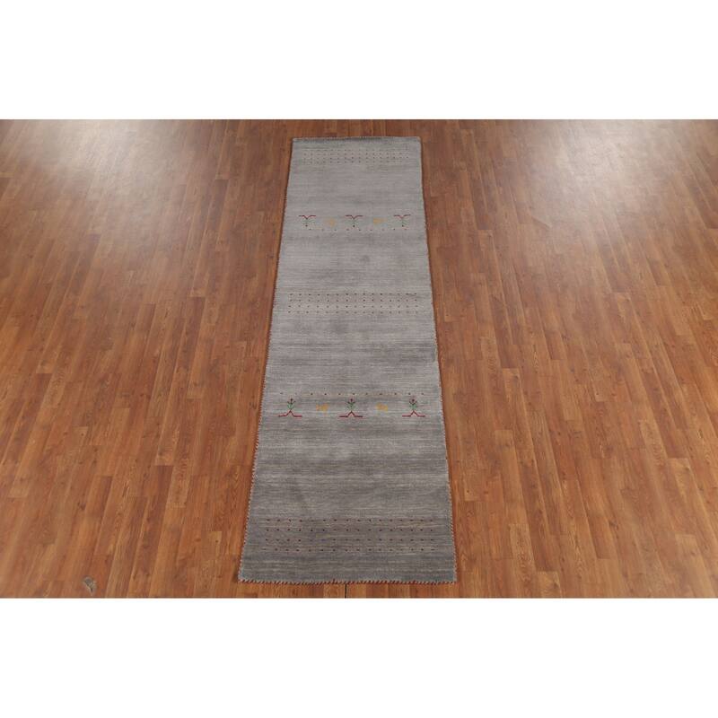 Gray Gabbeh Oriental Runner Rug Hand-Knotted Wool Carpet - 2'9"x 9'7"