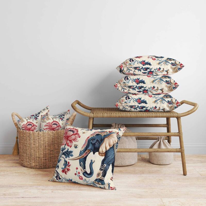 Botanical Elephant Faux Suede Reversible Throw Pillow Blue and Red