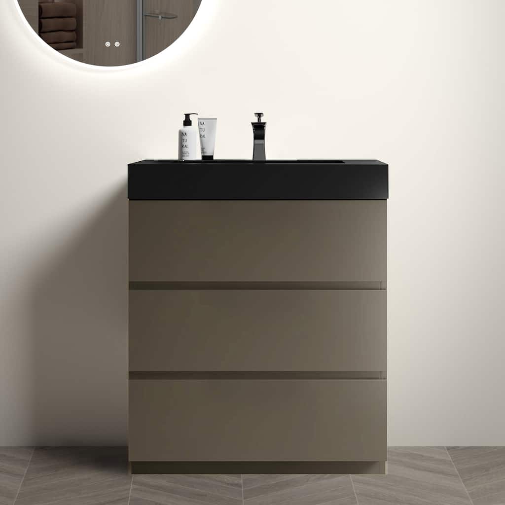 Minimalist Freestanding Bathroom Vanity with Soft-Closing Drawers, Matt Black Engineered Stone Basin - 29.9in L Melamine