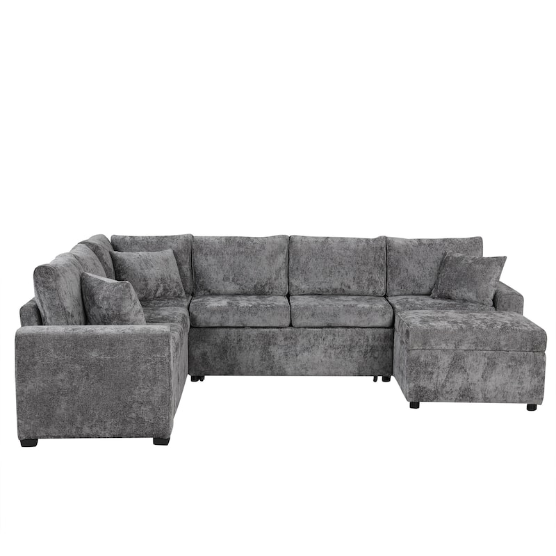 Roomfitters Sectional Sofa Pull-Out Bed Sleeper with Storage Ottoman, Three Pillows, and Built-In Charging Devices