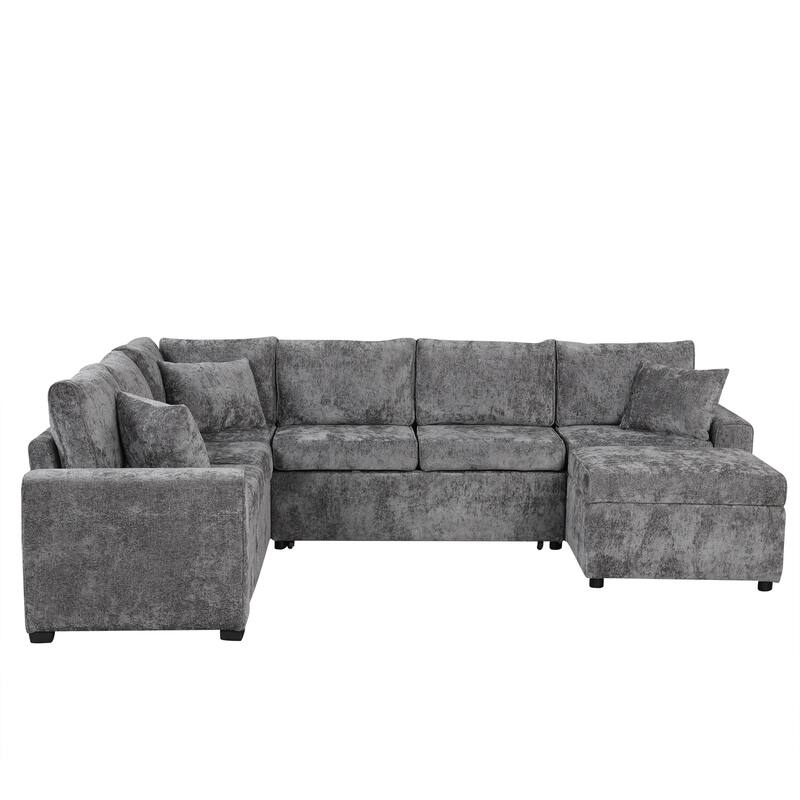 Sectional Sofa Pull-out Bed with Storage Ottoman and Charging Devices