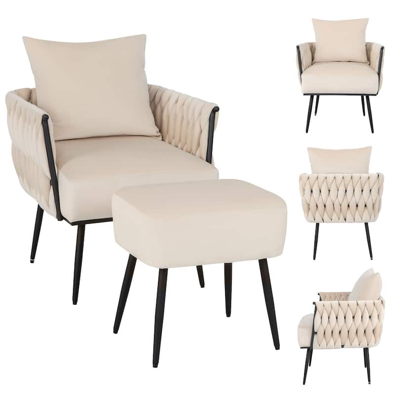 Dutch Velvet Accent Chair with Ottoman and Pillow on Black Metal Frame - 26” x 25.5” x 32”