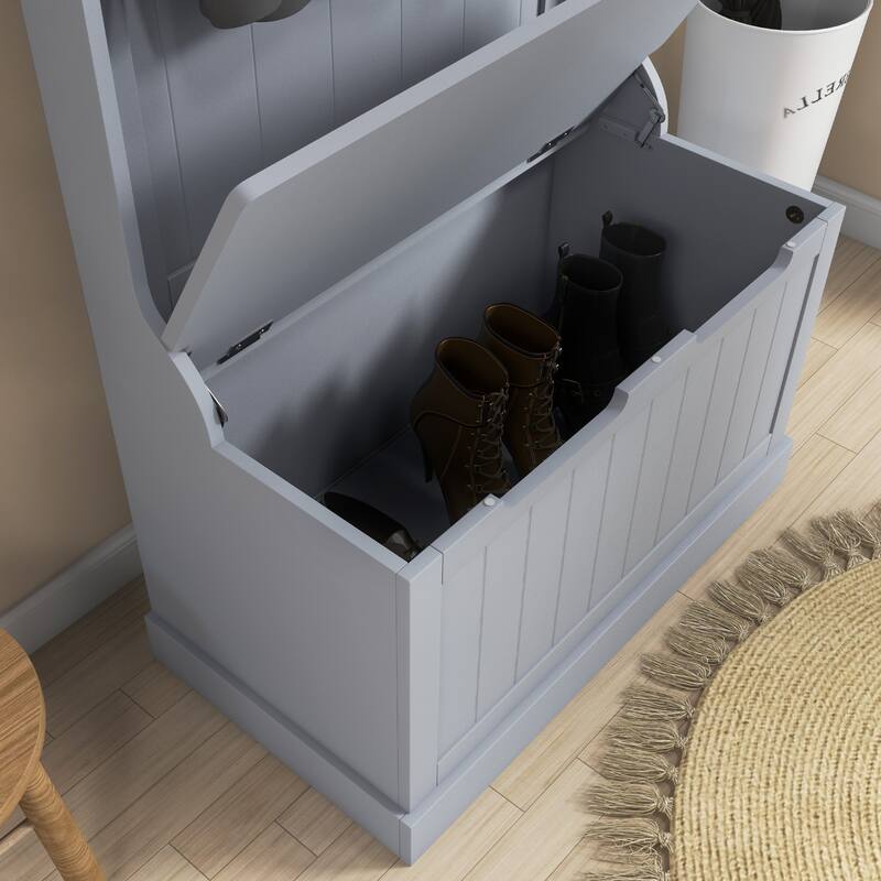Modern Coat Rack with Anti-Tip Device Storage Bench 4 Hooks and Shoe Storage, for Entry and Hallway, Grey