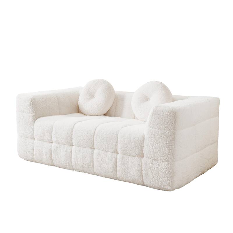 Anmytek 66.5 Inch Modern Boneless Two-Seater Checkered Foam Sofa with 2 Circular Throw Pillows