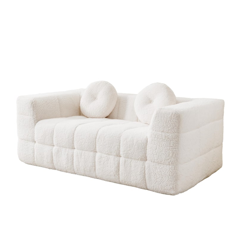 Modular Boneless Cloud Couch, Checkered Fabric Upholstered 2 Seater Foam Sofa, Lounge Sofa with 2 Circular Throw Pillows