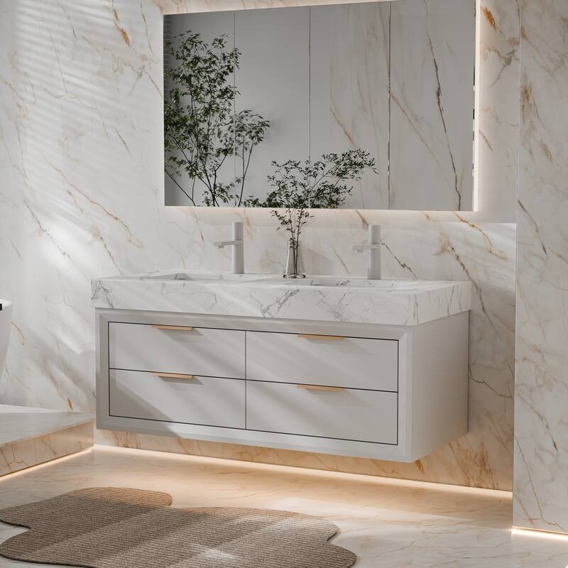 Modland 48" Floating Double Sink Bathroom Vanity with White Stone Countertop, Soft-Close Drawers, LED Lighting