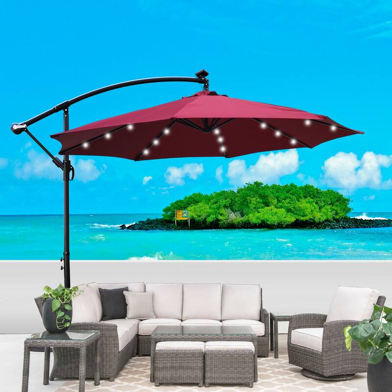 10 ft Solar Powered LED Patio Umbrella with Crank, Waterproof Canopy, and Cross Base for Outdoor Use - White