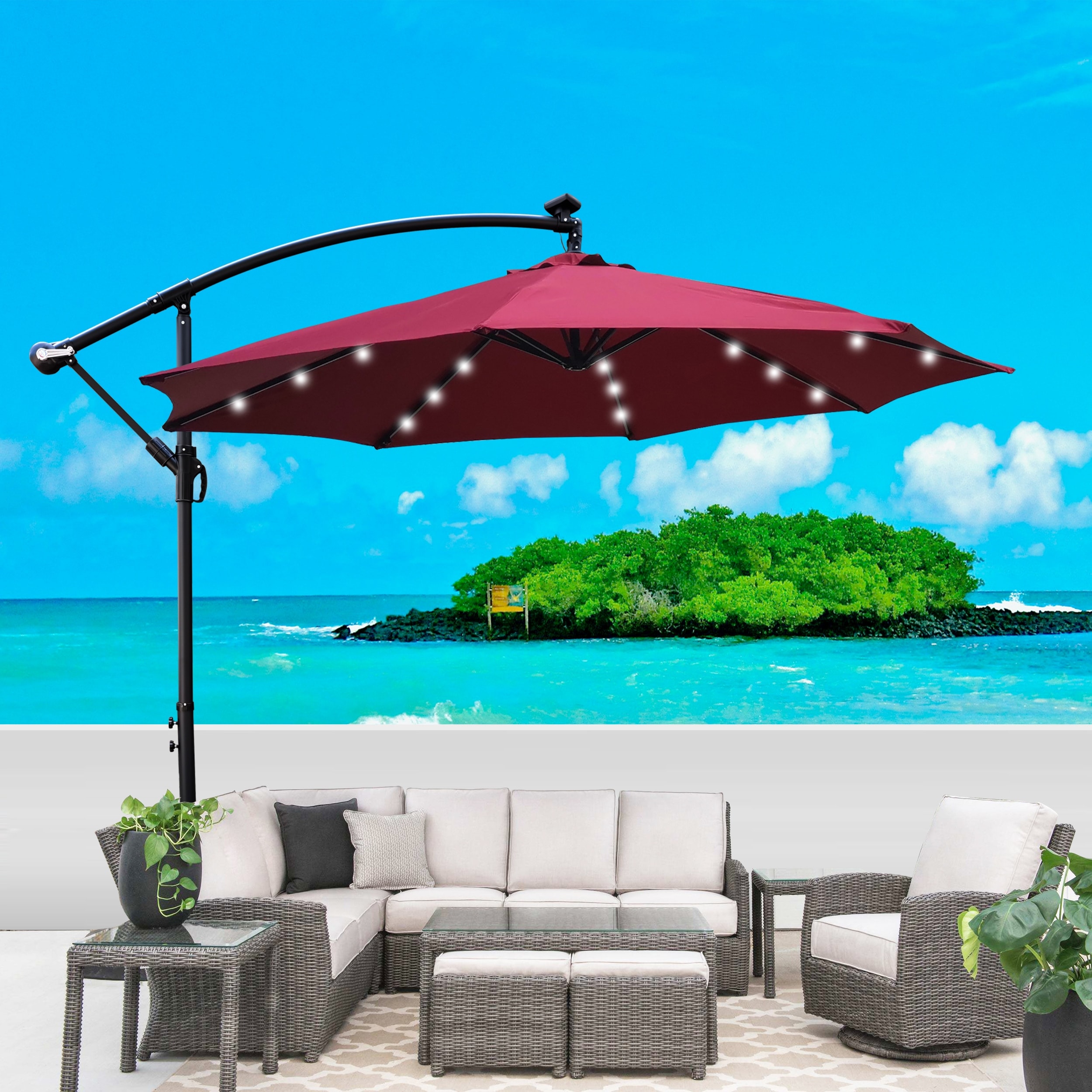 Outdoor Waterproof Patio Umbrella with Solar LED Lighting, Crank and Cross Base for Garden Patio Backyard and Pool