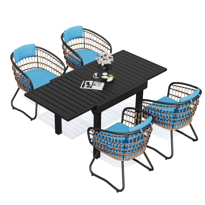 5PC Outdoor Extendable Patio Dining Table with Rattan Chairs