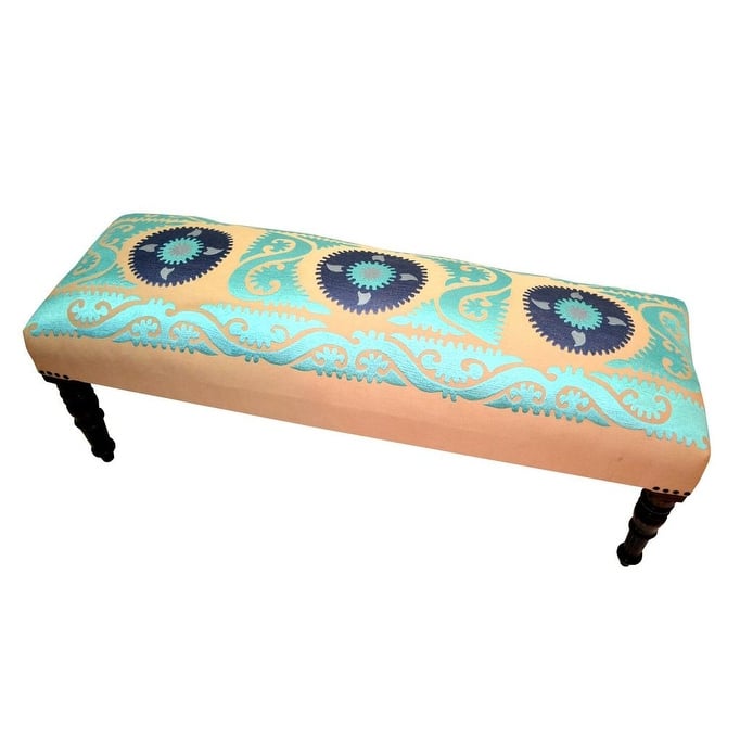 Imports Decor Wooden Bench with Glossy Blue Embroidered Upholstery