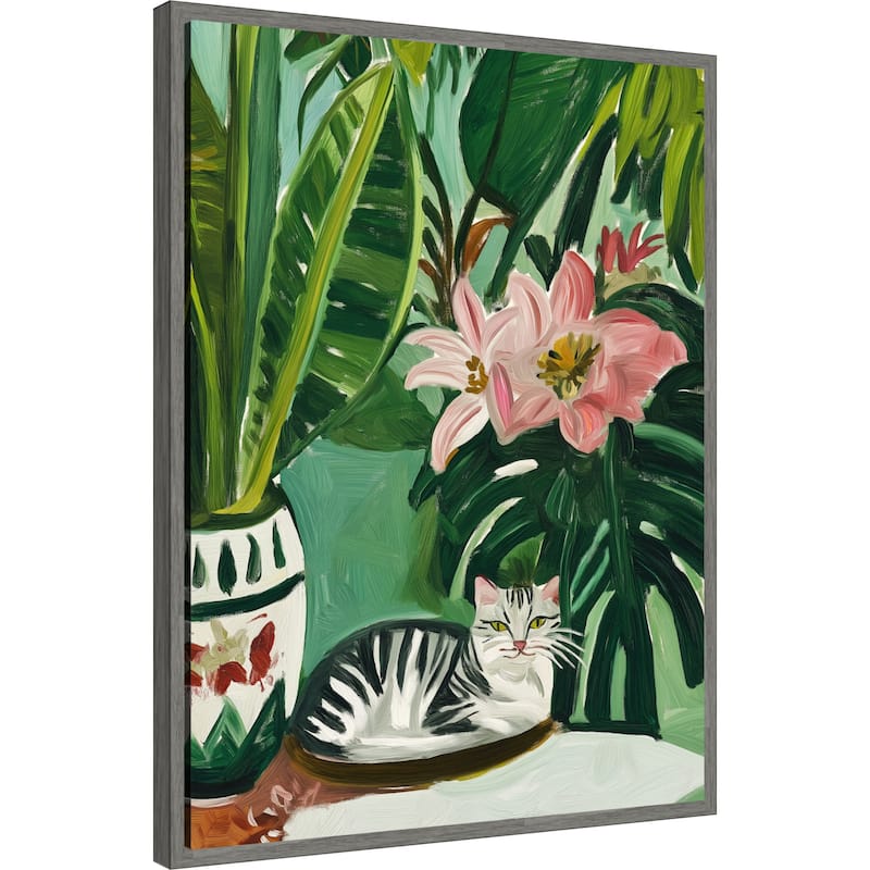 Tropical Muse With Cat by Mowzu Framed Canvas Wall Art