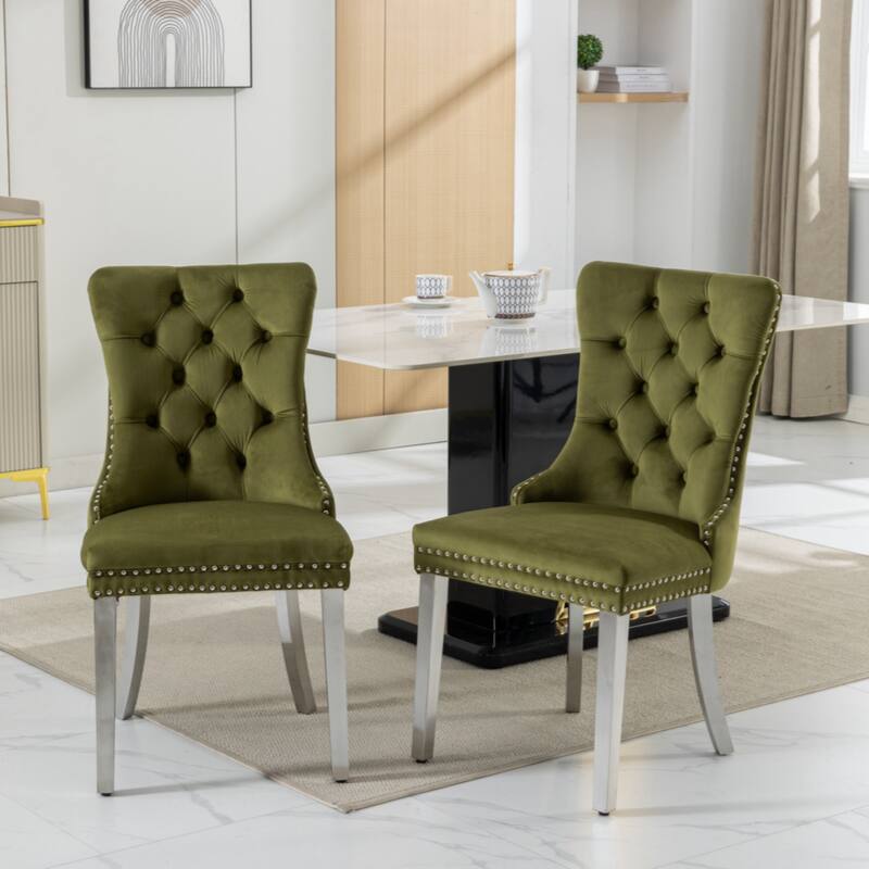 High-end Tufted Solid Wood Contemporary Velvet Upholstered Dining Chair with Chrome Stainless Steel Plating Legs - Olive Green