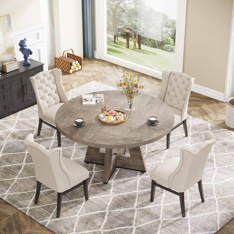 47" Round Dining Table for 4-6 People Rustic Wood Table with Pedestal Base for Kitchen Dining Room Living Room