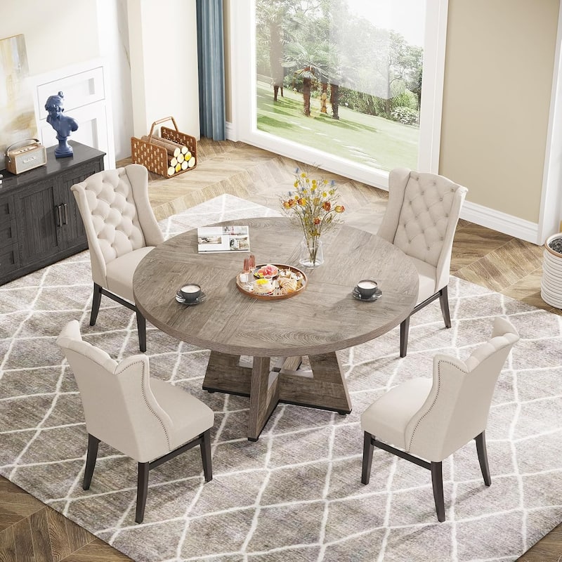 47" Round Wood Dining Table 4-Seater Farmhouse with Wooden Tabletop Cross Base for Dining Room/Kitchen