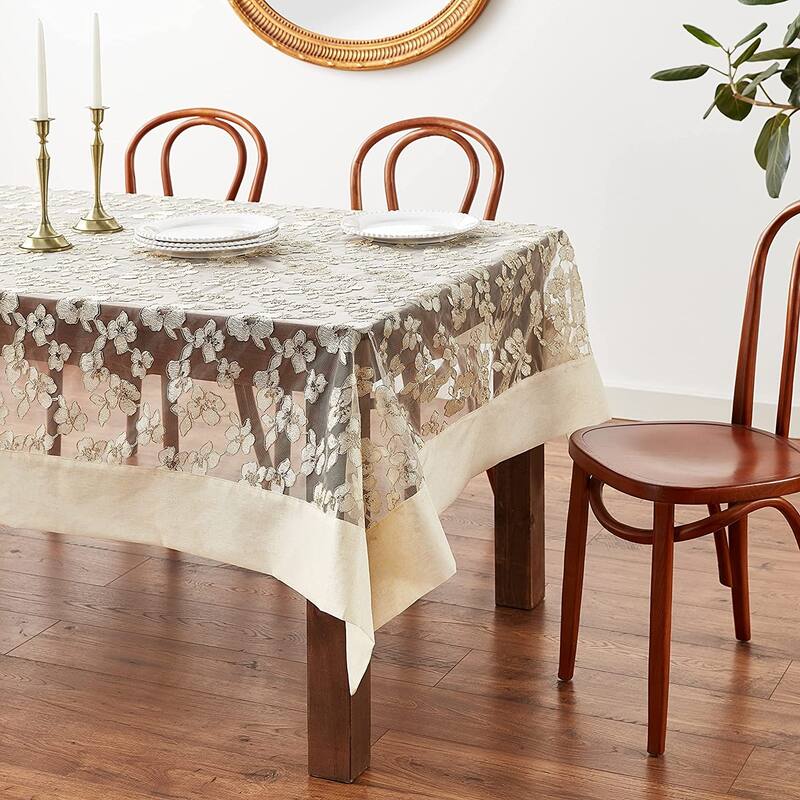 Violet Linen Ribbon Rose Mesh Lace Pattern Tablecloth