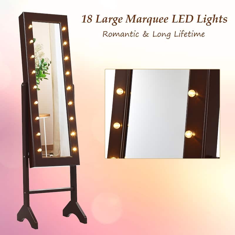 Costway Mirrored Jewelry Cabinet Organizer 18 LED lights Brown