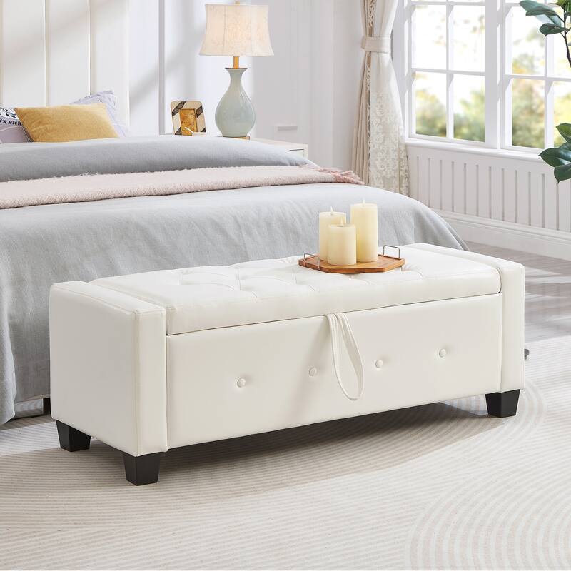 Tufted Faux Leather Storage Ottoman Bench for Bedroom, Living Room & Hallway, 48" Multifunctional Upholstered End of Bed Bench