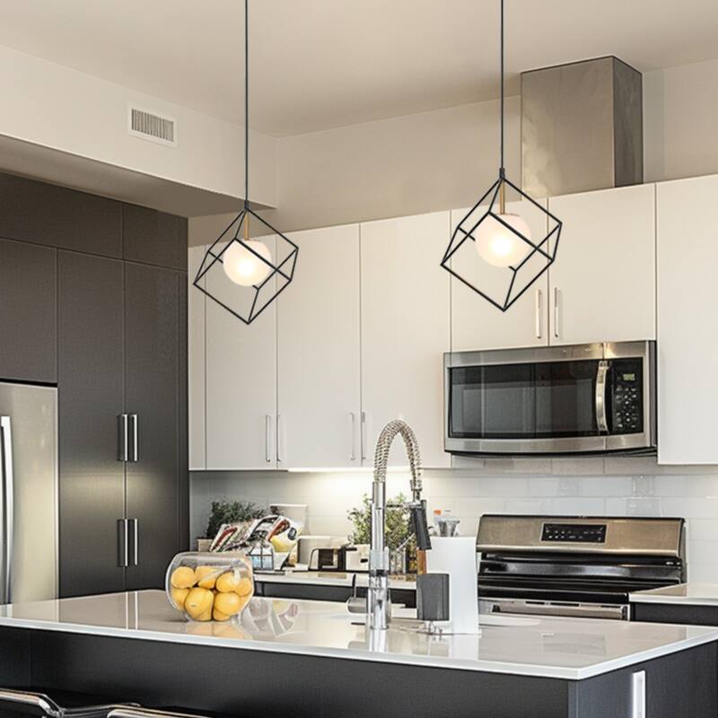 Modern Farmhouse 1-Light Black Gold Cage Kitchen Island Pendant Lights with Globe Frosted Glass - 11" L x 11" W x 14.5" H