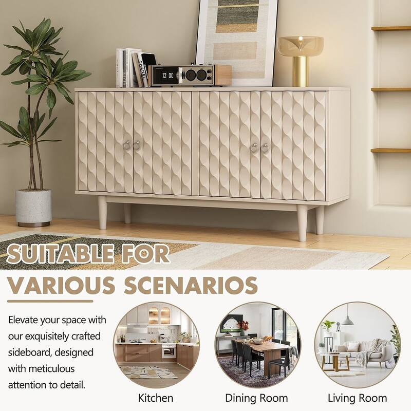 60" Modern 4-Door with Convex Pattern Doors and Silver Handles Buffet/Sideboard