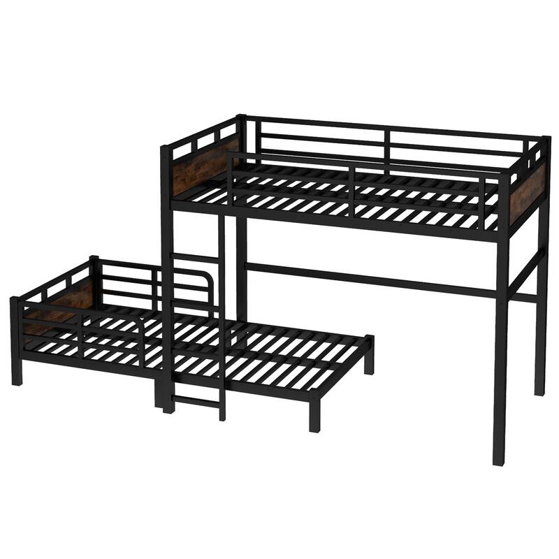 Roomfitters Twin/Full/Queen Metal Bunk Bed & Loft Bed with Raised Safety Fence, Convertible Platform Design, Vintage Wood