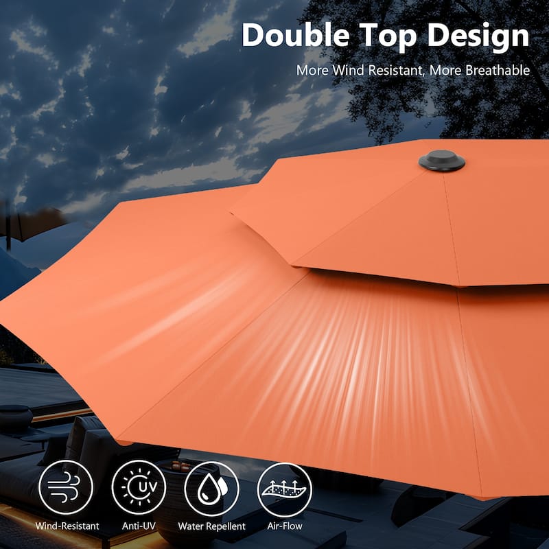 MAISON ARTS 13ft Double-Sided Outdoor Umbrella, 2-Tier Vented Market Umbrella with Colored Lights and Base