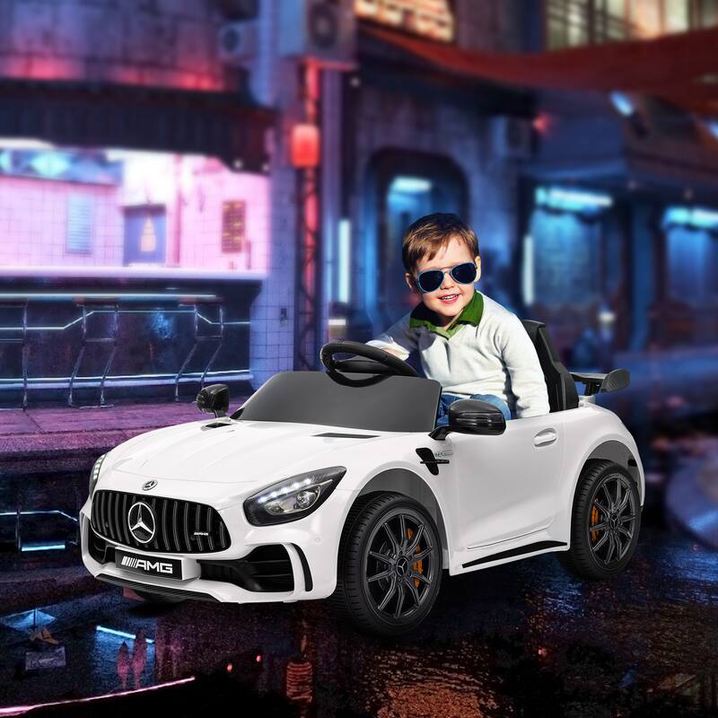 Mercedes-Benz AMG GTR Licensed 12V Kids Electric Ride-On Car with Remote Control, Music, Lights & 3 Speeds - White