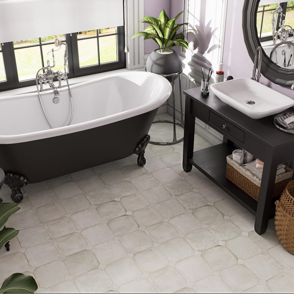 Merola Tile Laverton Octagon Nieve with Taco Nieve 7-7/8" x 7-7/8" Porcelain Floor and Wall Tile