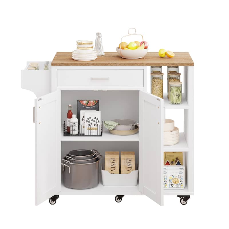 Rolling Kitchen Island Cart On Wheels With Drawer Open Shelves & Spice Rack With Storage For Dining Room