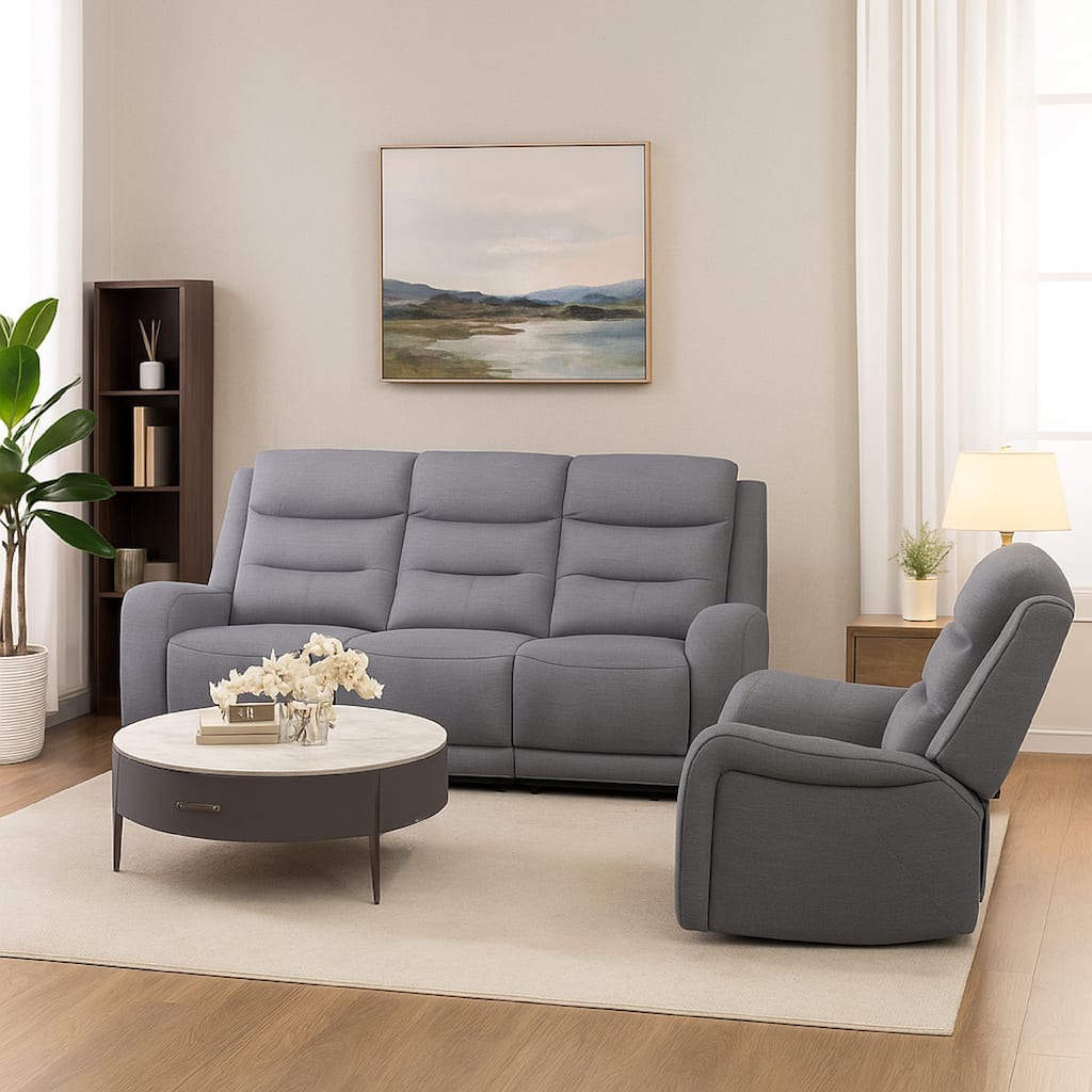 Clair 2 Piece Manual Reclining Sofa and Loveseat, Solid Wood, Gray Fabric