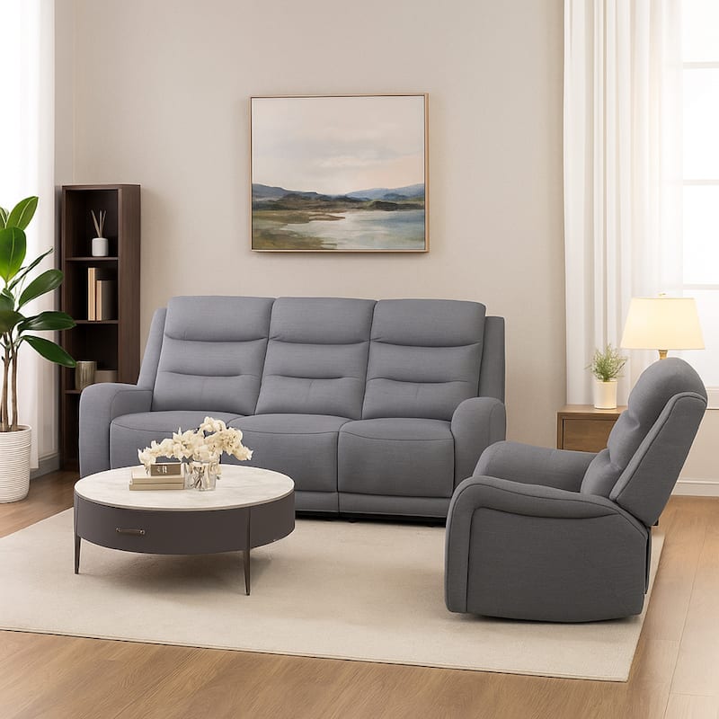 Clair 2 Piece Manual Reclining Sofa and Loveseat, Solid Wood, Gray Fabric
