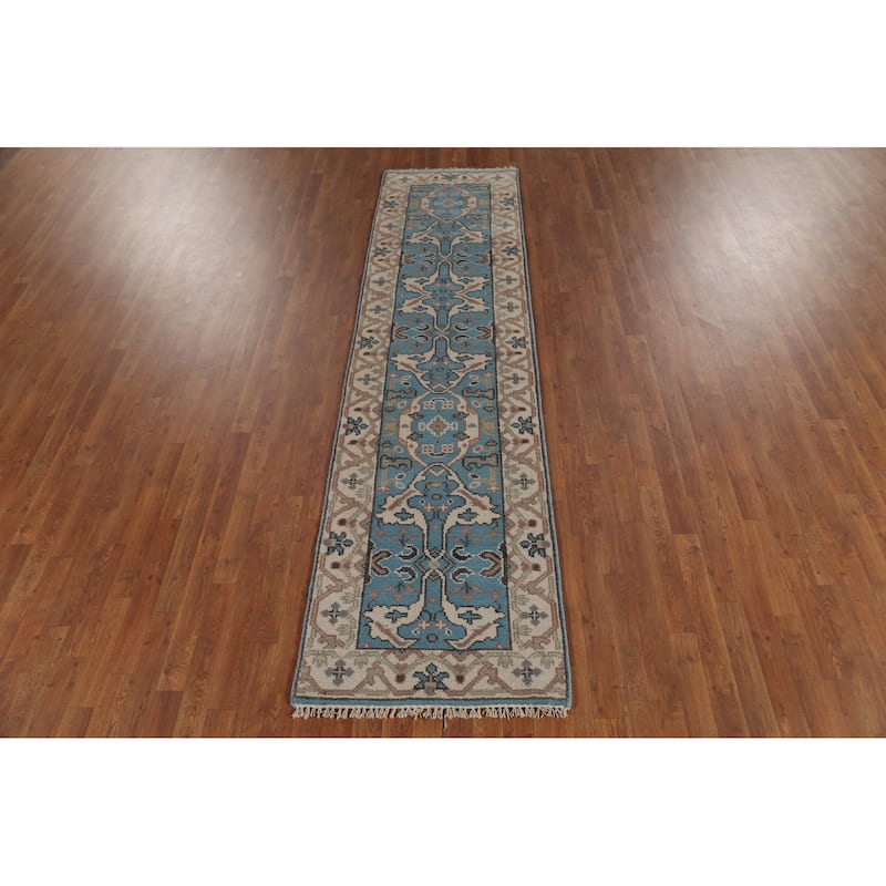 Light Blue Oushak Oriental Runner Rug Handmade Wool Carpet - 2'7"x 9'10"