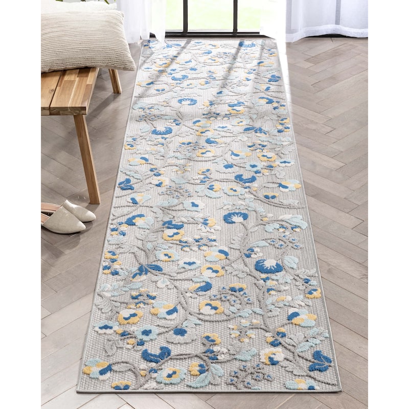 Well Woven Dorado Neveh Modern Indoor Outdoor Floral High-Low Area Rug - 2'3" x 7'3" Runner - Grey