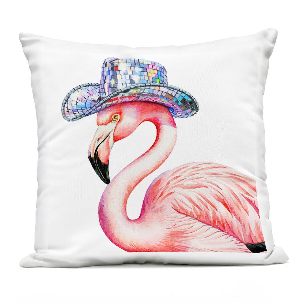 Stupell Disco Hat on Flamingo Printed Outdoor Throw Pillow Design by Amanda Greenwood