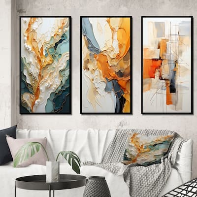 Designart "Orange White Line Art Organic Abstraction" Abstract Framed Wall Art Set Of 3 For Living Room Decor