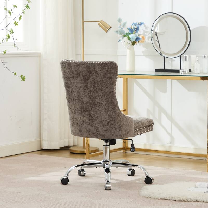 Modern Chenille Upholstered Tufted Button Office Chair with Metal Base, Adjustable Desk Chair Swivel Office Chair, Gray