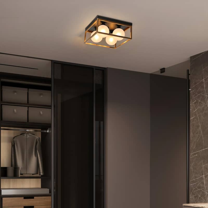 Modern Black Gold 4-Light Square Frosted Glass Flush Mount Ceiling Lights for Kitchen - 14" L x 14" W x 6.5" H