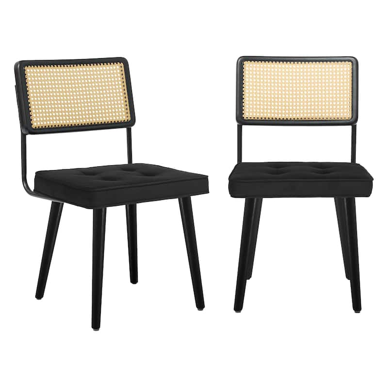 Midcentury Modern Dining Chairs of 2, PU Upholstered Kitchen Chairs with Tall Cane Backrest and Strong Wood Legs - Black
