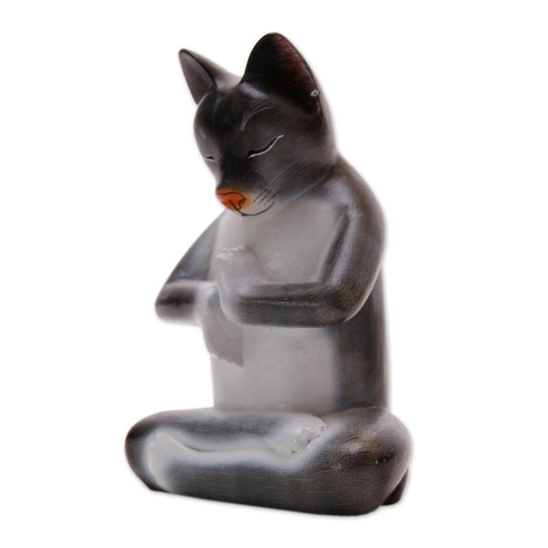 Novica Handmade Full Lotus Cat In Grey Wood Sculpture - 6.5" H x 4.9" W x 3" D