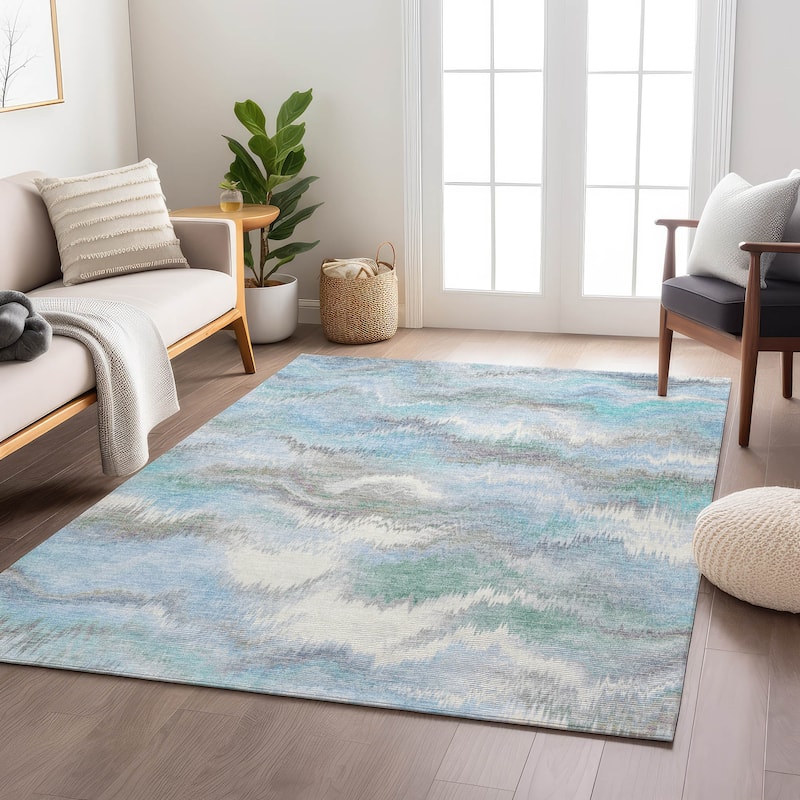 Machine Washable Indoor/ Outdoor Abstract Watercolor Chantille Rug