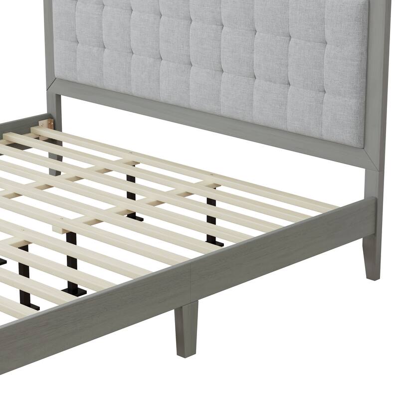 Solid Wood Platform King Bed with Upholstered Headboard, Mid-Century Modern Design