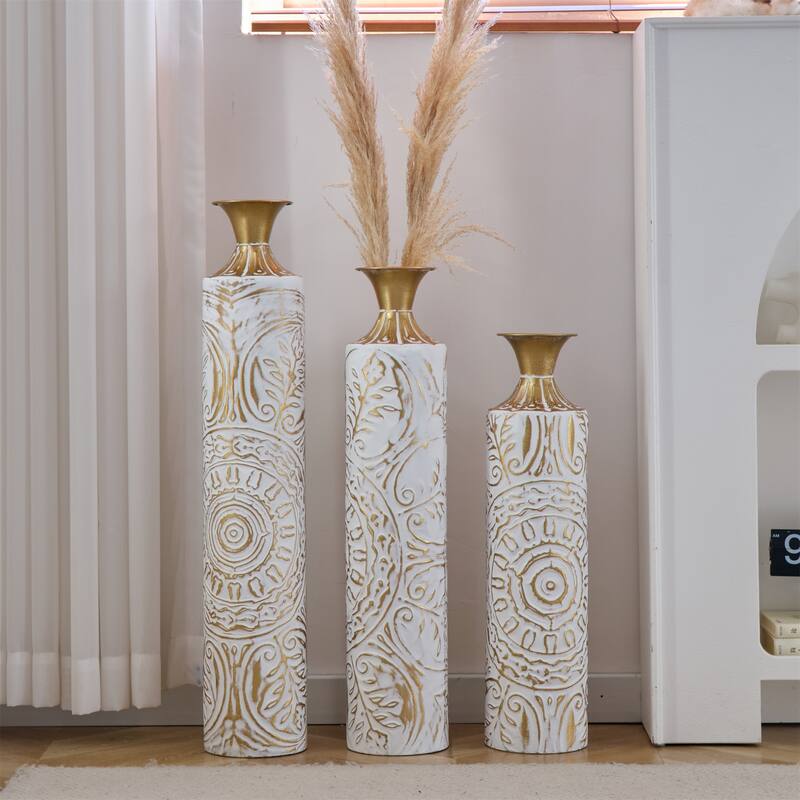 Decorated Floor Glazed Metal Vases (Set of 3)