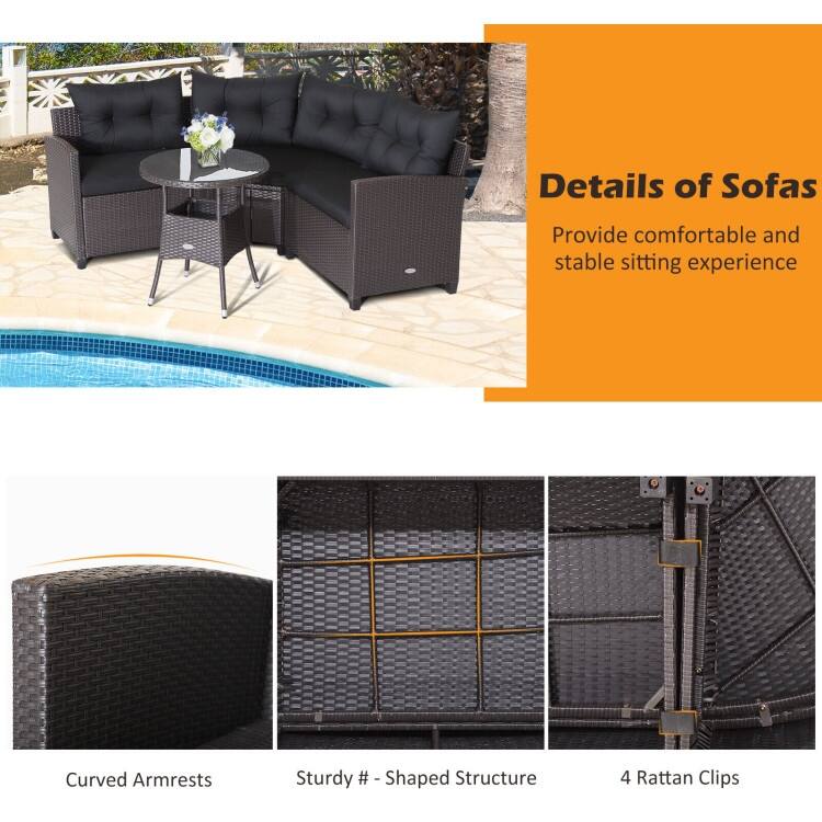 4 Pieces Patio Rattan Furniture Set Cushioned Sofa Glass Table - 49.5" x 23" x 29"