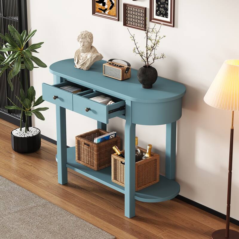 Curved Console Table with 2 Storage Drawers and Metal Handles, Wooden Hallway Tables Entryway Table wOpen Storage Shelf