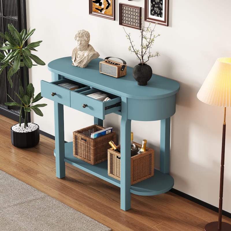 Solid Wood Narrow Console Table with Curved Top Design, 40" Storage Entryway Sofa Table with 2 Drawers and Open Shelves